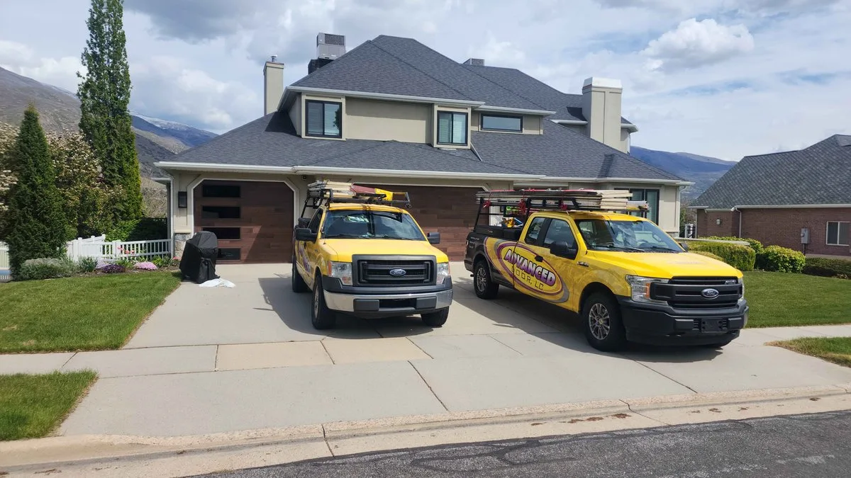 Garage Door Repair and Installation in Spanish Fork, Springville & South Utah County Garage door on a home in Spanish Fork, Utah with mountain backdrop
